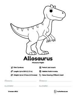 allosaurus dinosaur worksheet with coloring page, facts, and handwriting practice for kids