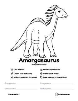 amargasaurus dinosaur worksheet with coloring page, facts, and handwriting practice for kids