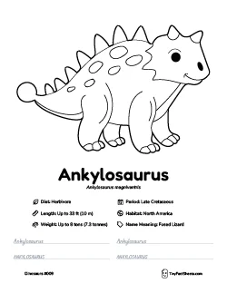 ankylosaurus dinosaur worksheet with coloring page, facts, and handwriting practice for kids