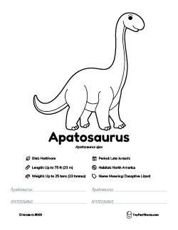 apatosaurus dinosaur worksheet with coloring page, facts, and handwriting practice for kids