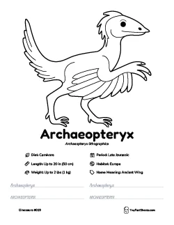 archaeopteryx dinosaur worksheet with coloring page, facts, and handwriting practice for kids