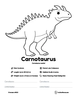 carnotaurus dinosaur worksheet with coloring page, facts, and handwriting practice for kids