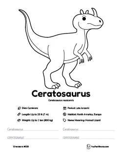 ceratosaurus dinosaur worksheet with coloring page, facts, and handwriting practice for kids