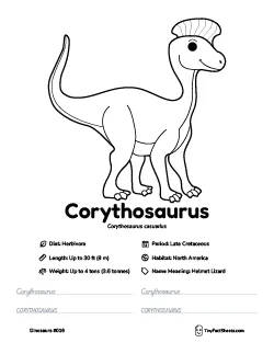 corythosaurus dinosaur worksheet with coloring page, facts, and handwriting practice for kids