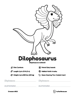 dilophosaurus dinosaur worksheet with coloring page, facts, and handwriting practice for kids