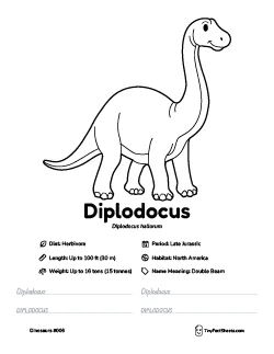 diplodocus dinosaur worksheet with coloring page, facts, and handwriting practice for kids
