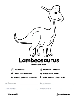 lambeosaurus dinosaur worksheet with coloring page, facts, and handwriting practice for kids