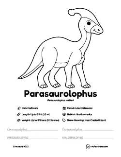 parasaurolophus dinosaur worksheet with coloring page, facts, and handwriting practice for kids