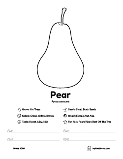 Pear fruit worksheet with coloring page, facts, and handwriting practice thumb