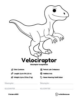 velociraptor dinosaur worksheet with coloring page, facts, and handwriting practice for kids
