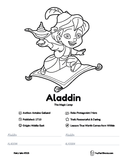 Aladdin fairy tale worksheet with coloring page, facts, and handwriting practice