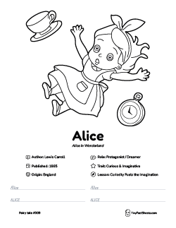 Alice fairy tale worksheet with coloring page, facts, and handwriting practice