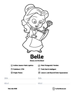 Belle fairy tale worksheet with coloring page, facts, and handwriting practice