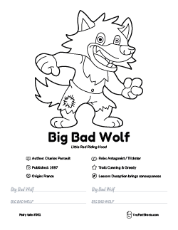 Big Bad Wolf fairy tale worksheet with coloring page, facts, and handwriting practice