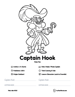 Captain Hook fairy tale worksheet with coloring page, facts, and handwriting practice