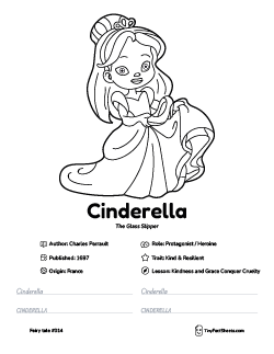 Cinderella fairy tale worksheet with coloring page, facts, and handwriting practice