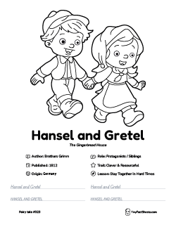 Hansel and Gretel fairy tale worksheet with coloring page, facts, and handwriting practice