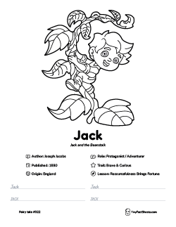 Jack fairy tale worksheet with coloring page, facts, and handwriting practice