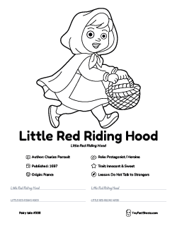 Little Red Riding Hood fairy tale worksheet with coloring page, facts, and handwriting practice for kids