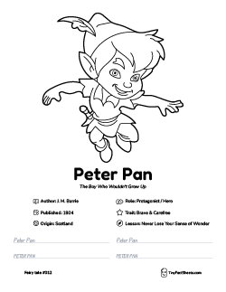 Peter Pan fairy tale worksheet with coloring page, facts, and handwriting practice for kids