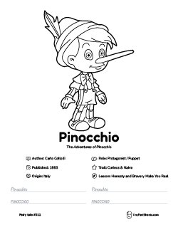 Pinocchio fairy tale worksheet with coloring page, facts, and handwriting practice for kids