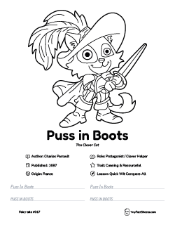 Puss in Boots fairy tale worksheet with coloring page, facts, and handwriting practice for kids