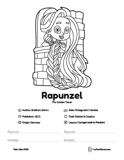 Rapunzel fairy tale worksheet with coloring page, facts, and handwriting practice for kids