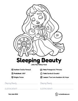 Sleeping Beauty fairy tale worksheet with coloring page, facts, and handwriting practice for kids