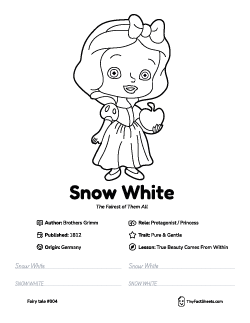 Snow White fairy tale worksheet with coloring page, facts, and handwriting practice for kids