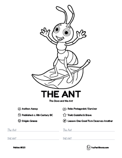 The ant dove fable worksheet with coloring page, facts, and handwriting practice for kids