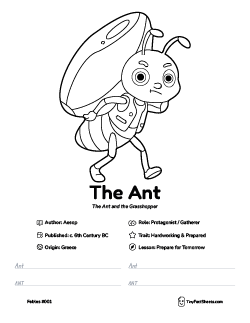 The ant fable worksheet with coloring page, facts, and handwriting practice for kids