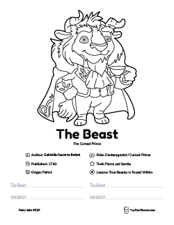 The Beast fairy tale worksheet with coloring page, facts, and handwriting practice