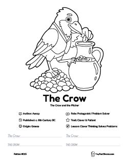 The crow fable worksheet with coloring page, facts, and handwriting practice for kids