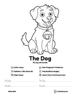 The dog fable worksheet with coloring page, facts, and handwriting practice for kids