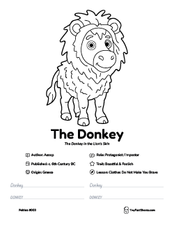 The donkey fable worksheet with coloring page, facts, and handwriting practice for kids