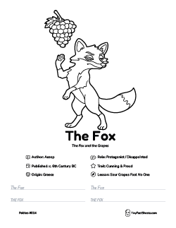 The fox fable worksheet with coloring page, facts, and handwriting practice for kids