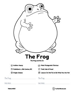 The frog fable worksheet with coloring page, facts, and handwriting practice for kids