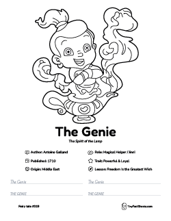 The Genie fairy tale worksheet with coloring page, facts, and handwriting practice