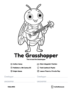 The grasshopper fable worksheet with coloring page, facts, and handwriting practice for kids