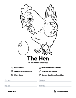 The hen fable worksheet with coloring page, facts, and handwriting practice for kids