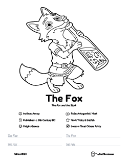 The hungry fox fable worksheet with coloring page, facts, and handwriting practice for kids