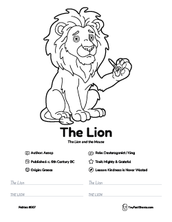 The lion fable worksheet with coloring page, facts, and handwriting practice for kids