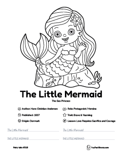 The Little Mermaid fairy tale worksheet with coloring page, facts, and handwriting practice