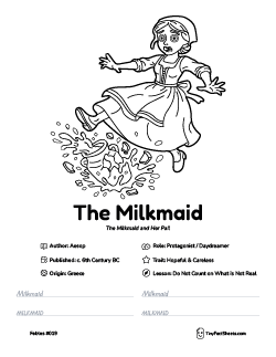The milkmaid fable worksheet with coloring page, facts, and handwriting practice for kids