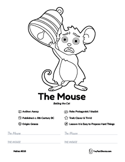 The mouse bell fable worksheet with coloring page, facts, and handwriting practice for kids