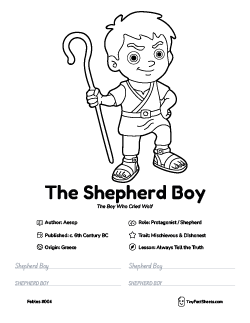 The shepherd boy fable worksheet with coloring page, facts, and handwriting practice for kids