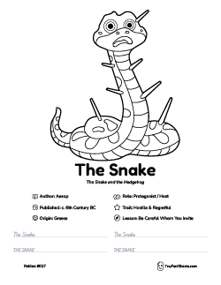 The snake fable worksheet with coloring page, facts, and handwriting practice for kids