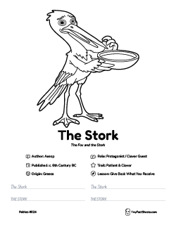 The stork fable worksheet with coloring page, facts, and handwriting practice for kids