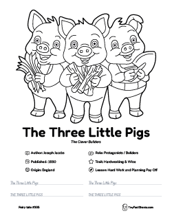 The Three Little Pigs fairy tale worksheet with coloring page, facts, and handwriting practice