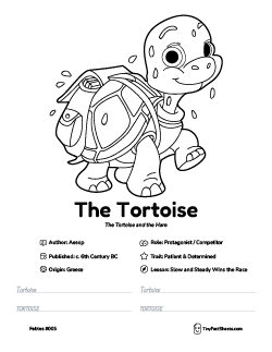 The tortoise fable worksheet with coloring page, facts, and handwriting practice for kids